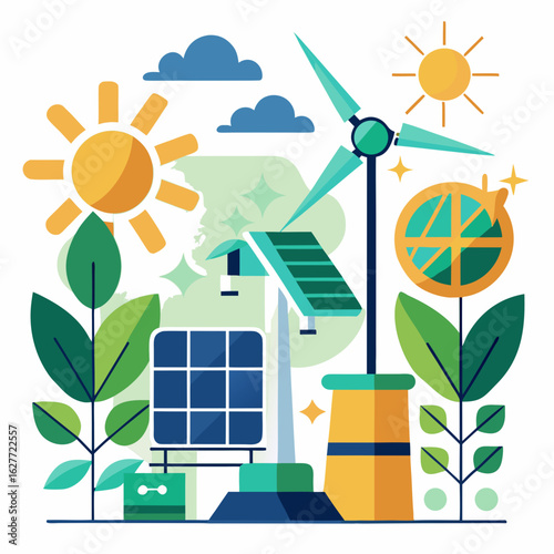 Renewable energy sources like solar and wind power with plants and sun