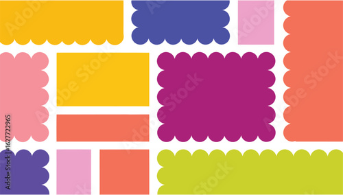 Playful and Colorful Abstract Composition Featuring Scalloped Rectangles and Geometric Shapes A Cheerful and Vibrant Design