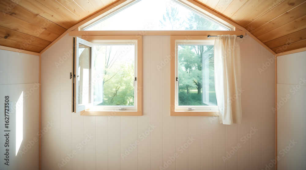 Fototapeta premium Sunlight entering through open windows in tiny house