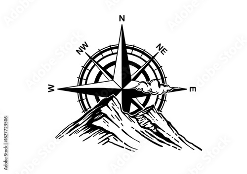 Mountain and compass hand drawn vector logo illustration