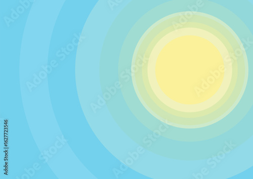 Stylized bright sun radiating light waves on a blue background. Abstract concentric circles illustrate a summer day or beach.