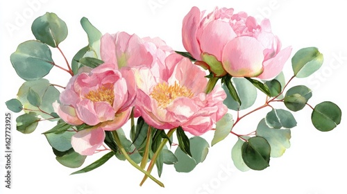 Fototapeta Naklejka Na Ścianę i Meble -  A delicate watercolor illustration of pink peonies and eucalyptus leaves, showcasing botanical beauty.
