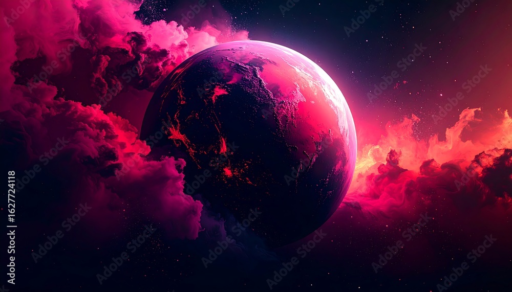 Obraz premium A vibrant, otherworldly depiction of a planet shrouded in fiery, swirling clouds