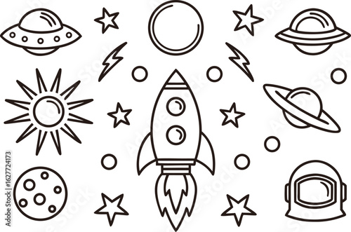 A vector cartoon illustration set of rockets in space and seamless travel patterns
