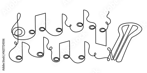 Jew's harp  treble clef and musical note one line art, hand-drawn reed pinch instrument drawing continuous contour. Resonance oscillating arc reed drymba melody outline minimalist symbol. Editable 