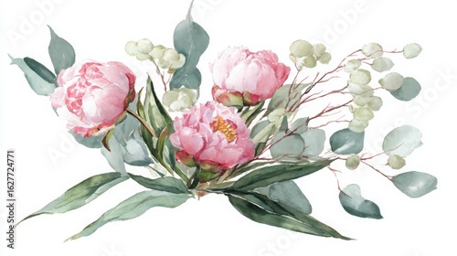 Fototapeta Naklejka Na Ścianę i Meble -  A delicate watercolor illustration of pink peonies and eucalyptus leaves, showcasing botanical beauty.