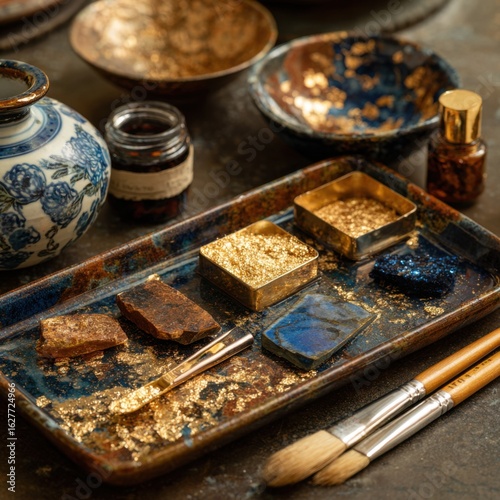 Artistic setup featuring kintsugi tools and materials in natural light.