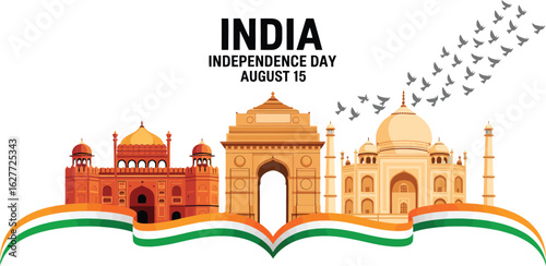 Independence Day Poster Showcasing Red Fort, India Gate, Taj Mahal with Flying Birds and Indian Tricolor Flag Honoring August 15