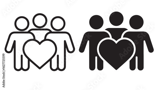 Two groups of people icons with a heart in front, one in black outline and the other in solid black