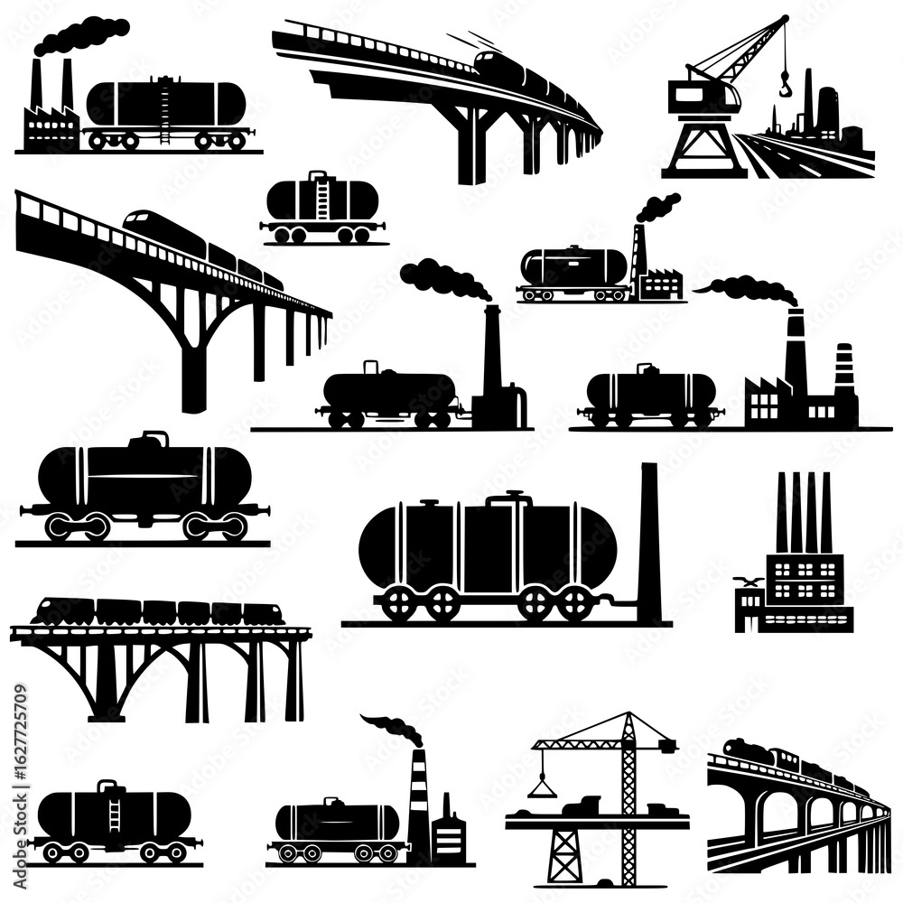 Fototapeta premium Industrial and Railway Transport Icons scenes show the movement of trains on overpasses, industrial processes and the interaction of transport and production.
