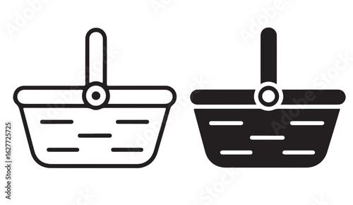 Two basket icons one in outline and one in solid black on a white background simple and minimalist