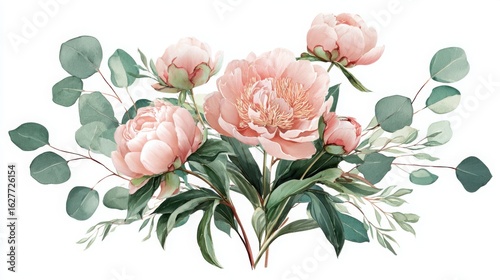 Fototapeta Naklejka Na Ścianę i Meble -  A delicate watercolor illustration of pink peonies and eucalyptus leaves, showcasing botanical beauty.