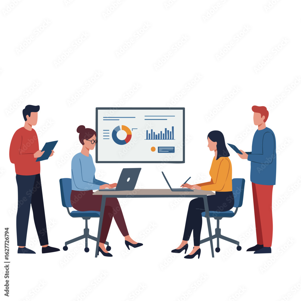 Vector illustration depicting business professionals collaborating around a table, analyzing data presented on a screen, showcasing teamwork and strategic planning in a modern workspace. Vector illustration depicting business professionals collaborating around a table, analyzing data presented on a screen, showcasing teamwork and strategic planning in a modern workspace.