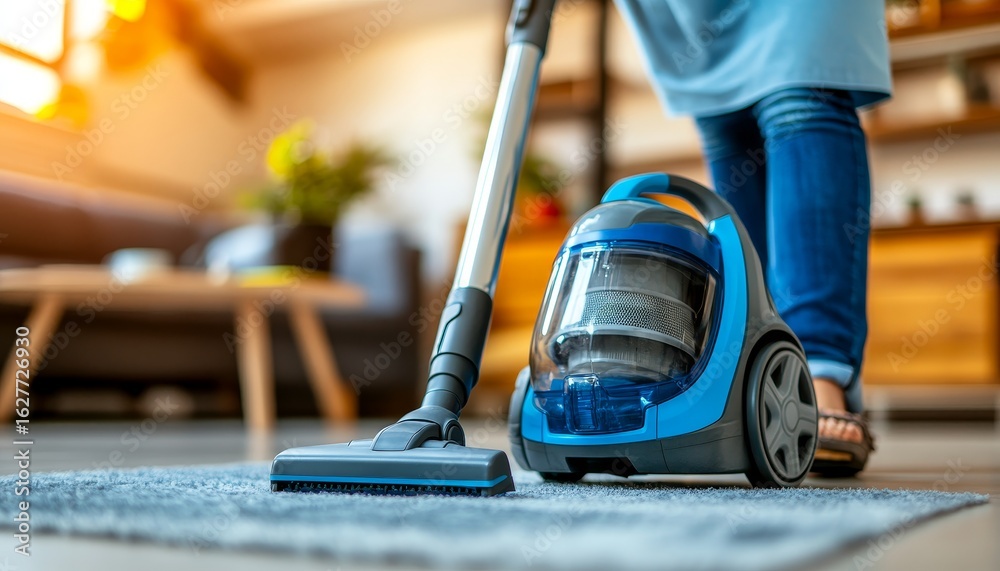 Fototapeta premium A person in casual denim vacuuming rugs in a cozy apartment, ensuring a clean and inviting space.