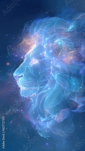 Zodiac sign leo. Leo constellation depicted in cosmic space, glowing lion among stars and nebulae.