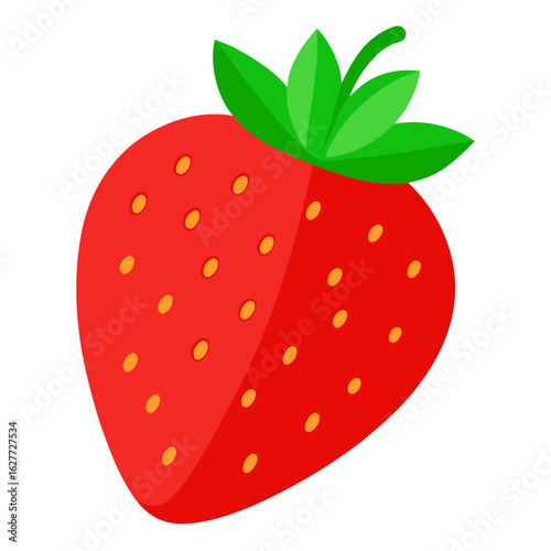 Vibrant red strawberry with green leaves and yellow seeds isolated on a white background