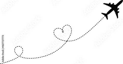 Journey of the heart: An airplane gracefully traces a dotted path in the sky, forming a heart shape, conveying love and the spirit of travel
