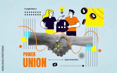 Modern collage poster featuring cut-out handshake, illustrated characters, and bold typography. Perfect for topics like teamwork, collaboration, business partnership, unity, creative synergy. Vector