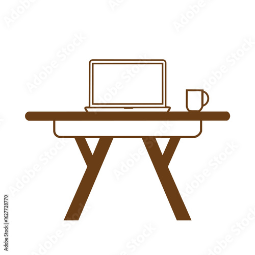 brown wooden desk with laptop and coffee mug flat vector workspace icon