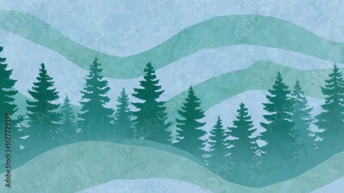 Stylized evergreen forest with wave patterns. Artificial intelligence image