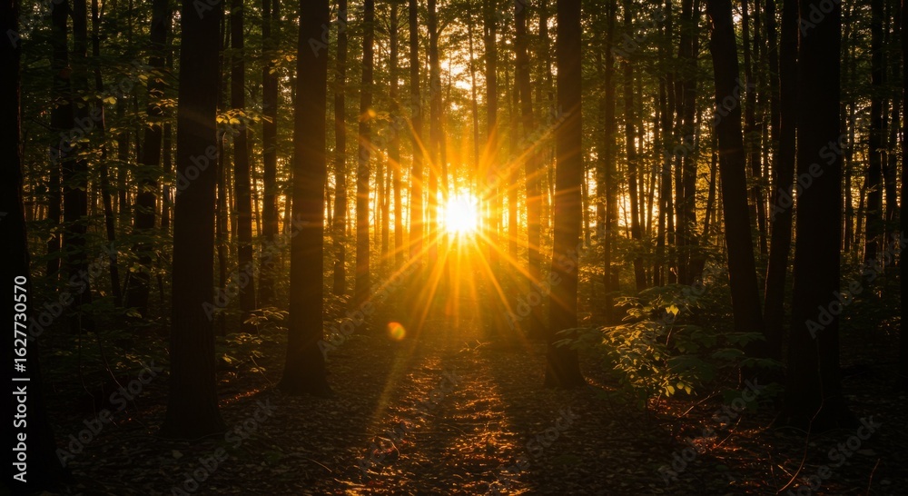 Naklejka premium Golden Sunset Rays in Dark Forest Path