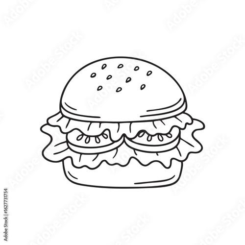 Doodle illustration of a vegan burger served with lettuce and tomato