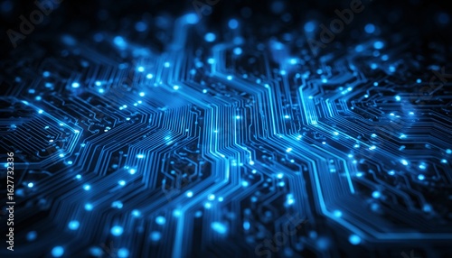 Abstrakte Darstellung einer Leiterplatte mit leuchtenden Verbindungen