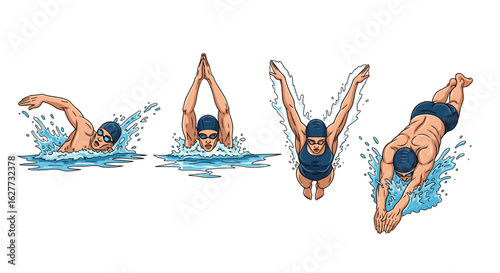 A collection of illustrated swimmers demonstrating various strokes including crawl, breaststroke, butterfly, and a dive, isolated on white.