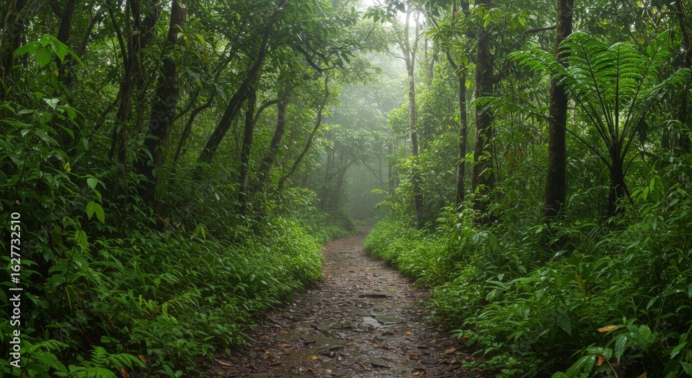 Misty Rainforest Path: Lush Green Foliage and Tranquil Atmosphere Misty Rainforest Path: Lush Green Foliage and Tranquil Atmosphere