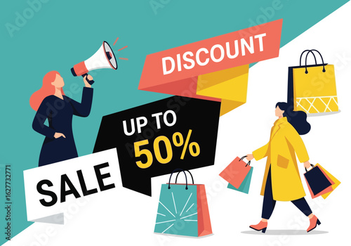 Woman announces sale and discount with shopping bags promotion