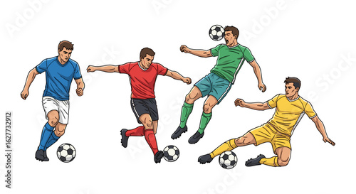Dynamic vector illustration featuring four diverse male soccer players actively engaged in different football maneuvers and skills.