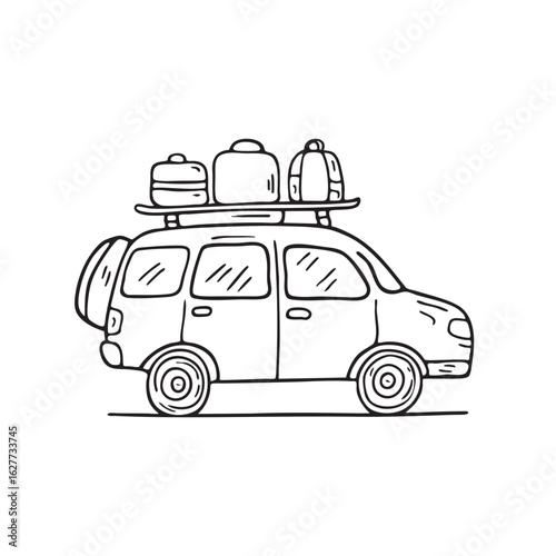 Doodle illustration of a vehicle with a roof rack loaded with luggage