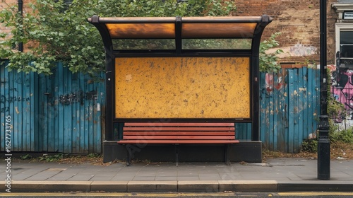 Empty urban bus stop with graffiti and overgrown foliage