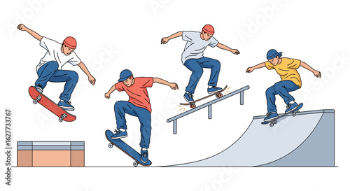 Dynamic illustrations depict young men performing impressive skateboarding tricks like ollies, rail grinds, and ramp riding, showcasing urban sports culture.