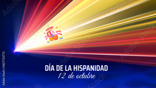 October 12, spain national day, hispanidad. Spanish flag laser light show. National holiday. Laser beams, dj light party. Vector greetings card. Translation October 12 national day