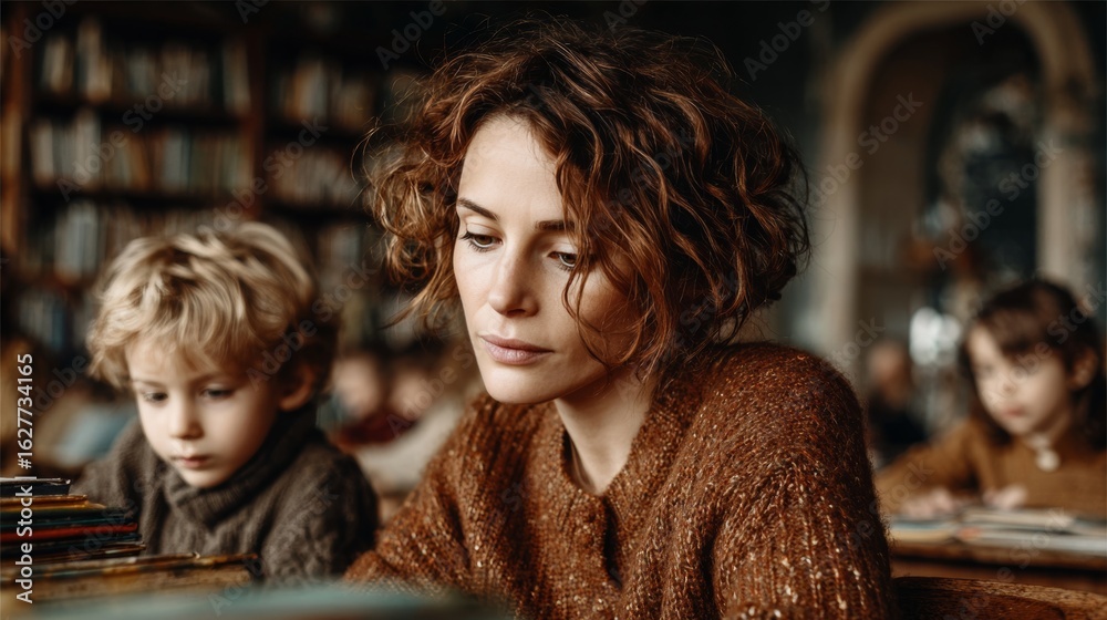 Fototapeta premium Teacher reading aloud to child in cozy classroom, warm natural light, focused learning for International Literacy Day