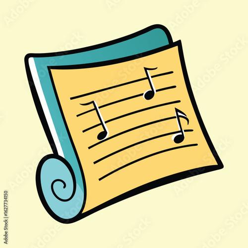 Hand Drawn Music Sheet with Notes on a Yellow Background Cartoon