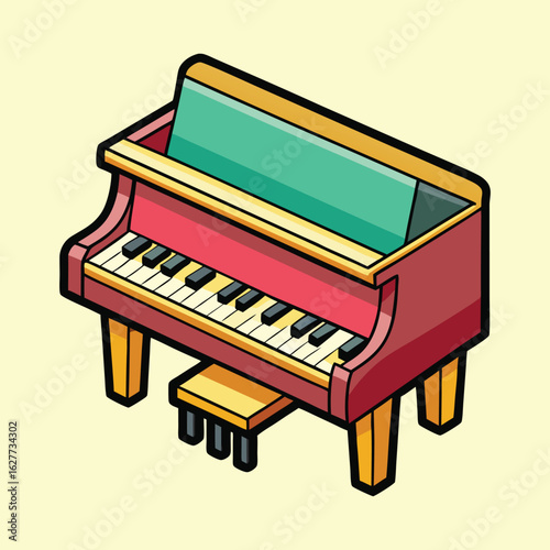 Isometric illustration of a colorful, cartoonish piano with stool on light background