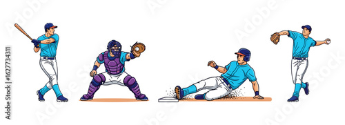 An engaging vector illustration depicts various baseball players in dynamic action poses, including batting, catching, sliding, and throwing during a game.