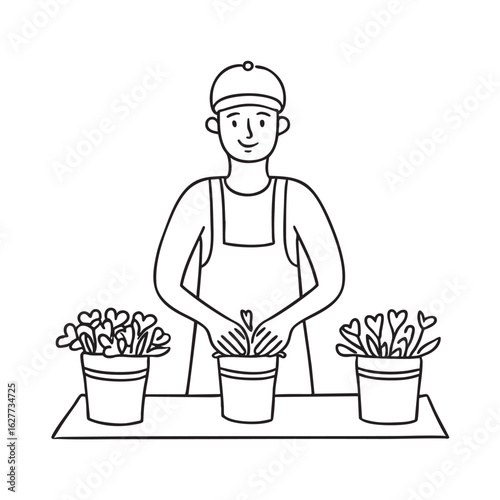 Doodle illustration of a vendor arranging flowers inside buckets