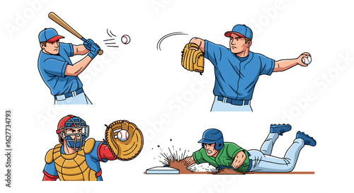A collection of illustrations depicting various baseball actions, including batting, pitching, catching, and sliding into a base, all on a clean white background.