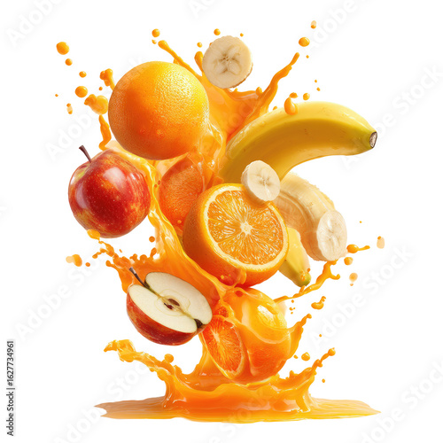 Fresh fruit explosion in a vibrant orange juice splash