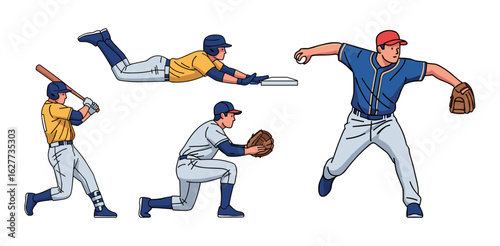 A dynamic vector illustration showcases various baseball actions: hitting, sliding into base, catching, and pitching, all set against a clean white backdrop.