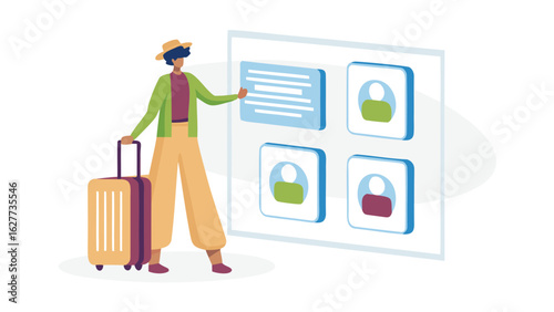 Illustration of a traveler with suitcase interacting with a user interface displaying profile options