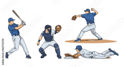 Dynamic illustration of baseball players in action: batter swinging, catcher ready, pitcher throwing, and runner sliding into base.