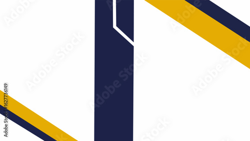 Design a dynamic abstract composition using intersecting diagonal and vertical bands in navy blue and mustard yellow against a crisp white backdrop.
