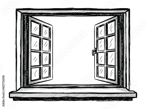 Open casement window with multiple panes, isolated on white background