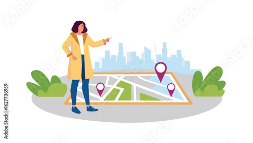 Woman in coat pointing at map with location pins and city skyline in the background illustration