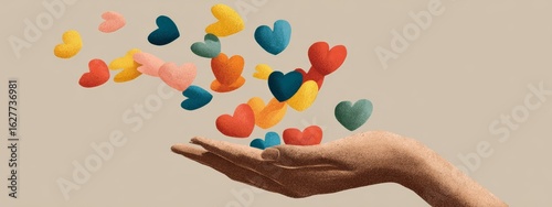 Single open hand releasing colorful hearts, minimalist flat design for International Day of Charity kindness and generosity