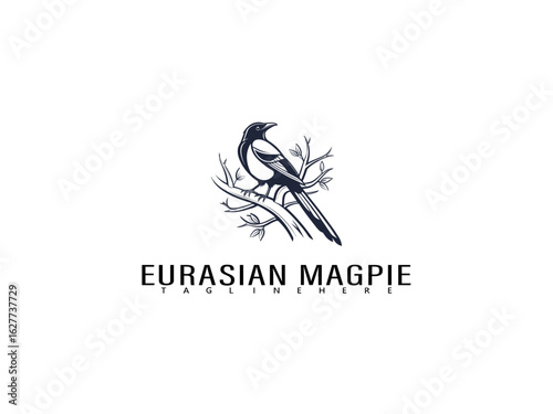 Elegant and detailed silhouette of Eurasian Magpie bird on branch in black and white vector format, perfect for premium branding, eco labels, birdwatching identity, and conservation themes.

